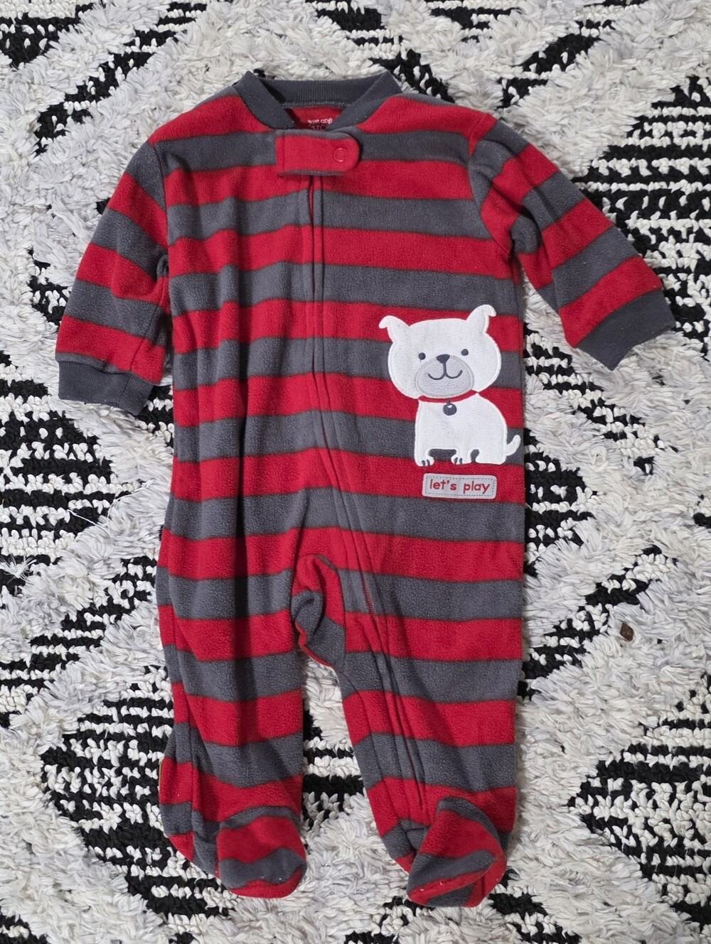 Carter's Baby Boy Red & Gray Fleece Striped Sleeper with Dog Embroidery 3 Mos